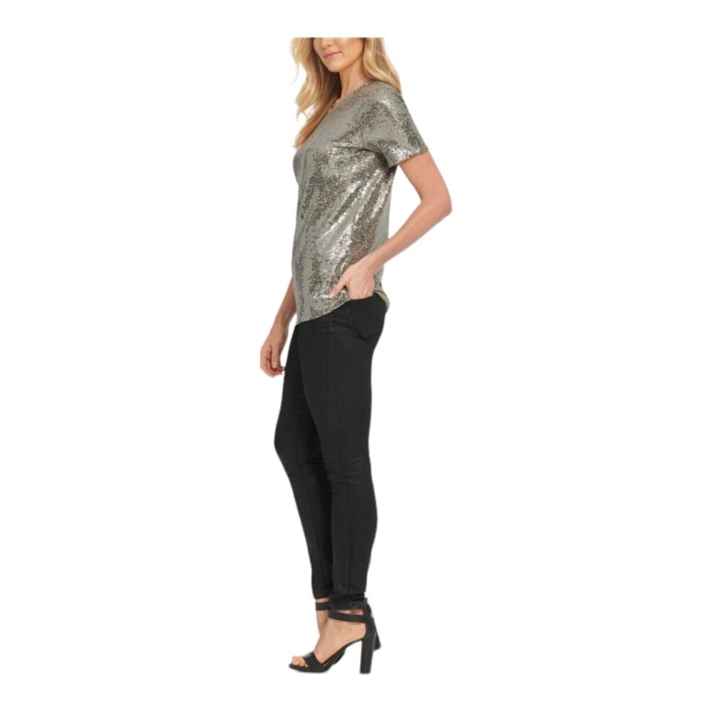 DKNY Womens Grey Silver Sequined Heather Short Sleeve Jewel Neck Top Sz Small S